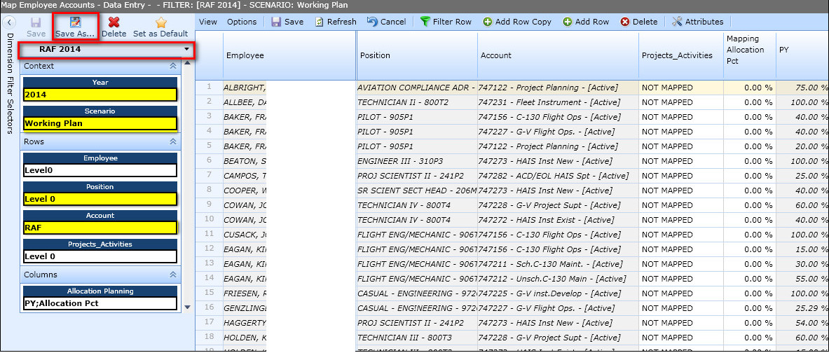 Allocation Mapping Employee Dimension Filter Setup