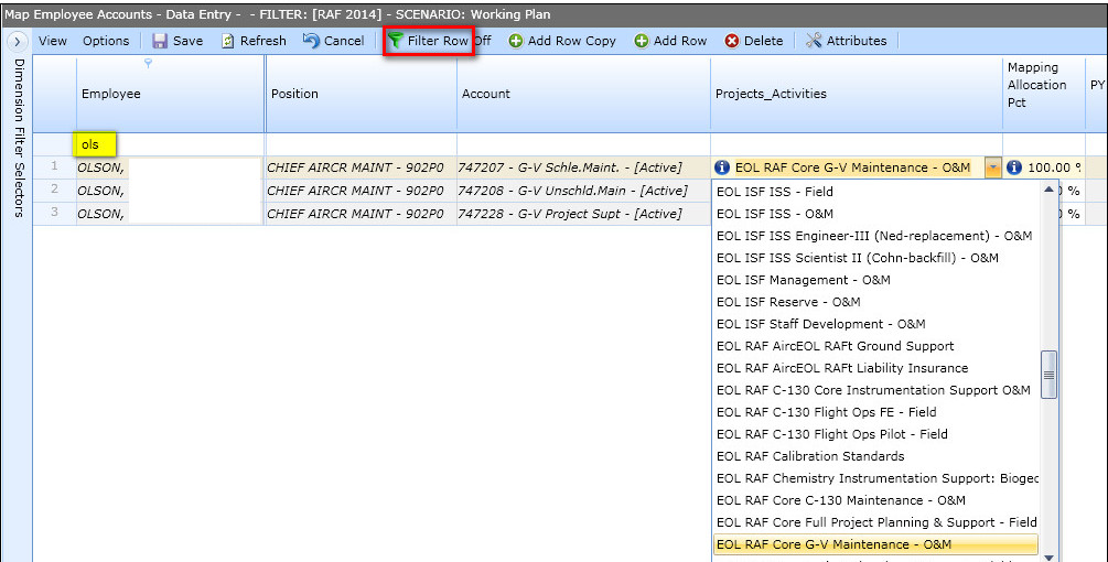 Allocation Mapping Employee Filter Row