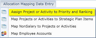 Allocation Mapping Menu item Assign Priority Ranking
