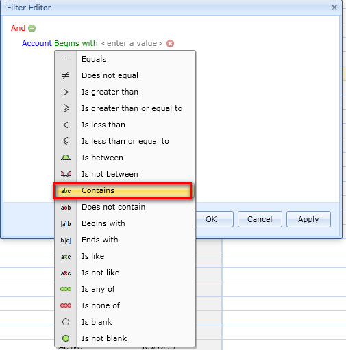 Filter editor Contains