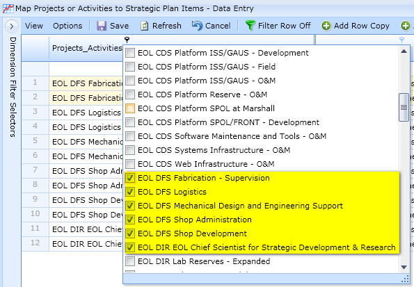 Select a subset of project_activity from column filter